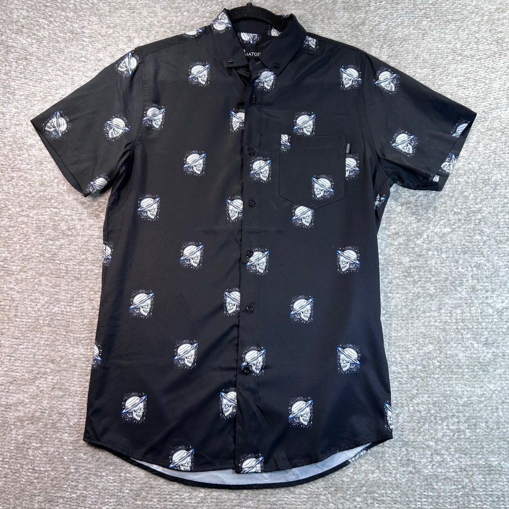 Matosurf Mens Small Black Skull Planet Space Print Short Sleeve Button Up Shirt
